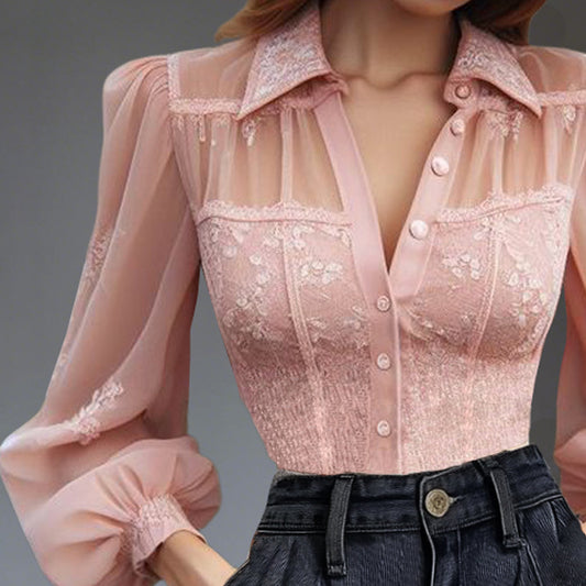 Elegant Lace Lantern Sleeve Shirt Collar Button Blouse