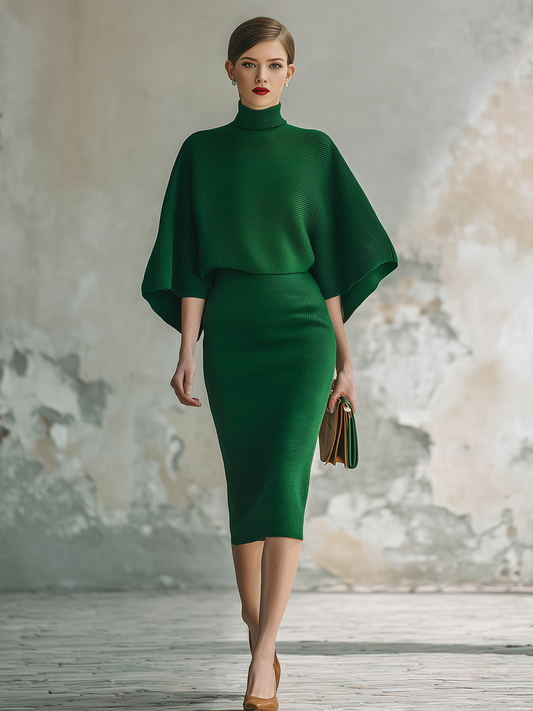 Elegant Retro Stand Collar Batman Knit Midi Dress