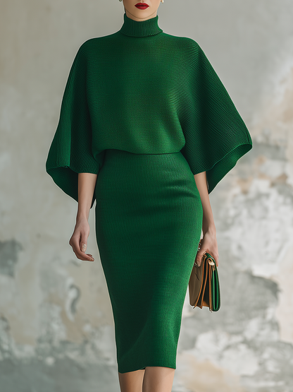Elegant Retro Stand Collar Batman Knit Midi Dress
