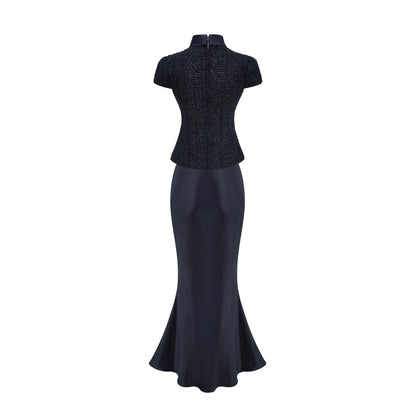 Josette blue peplum-waist panelled maxi dress