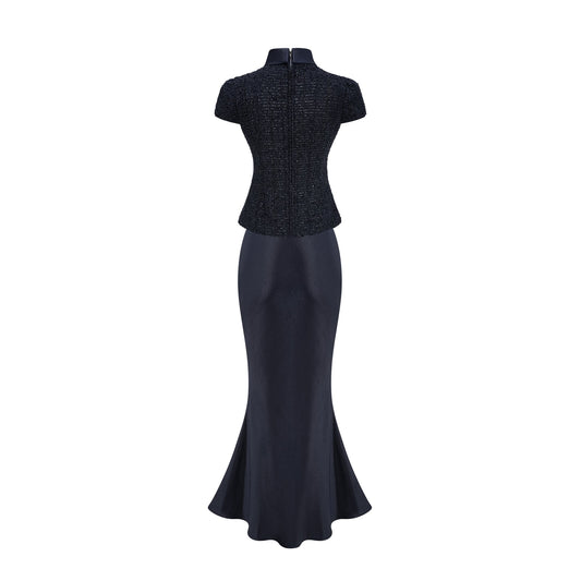 Josette blue peplum-waist panelled maxi dress