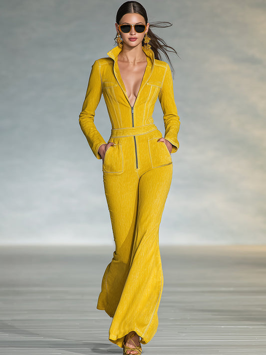 Fashionable And Elegant Zipper Yellow Long-sleeved Flared Jumpsuit