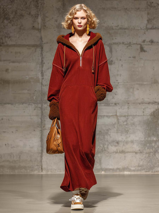 Vintage Casual Western Hooded Front Zipper Teddy Velvet Cuffs Red Cotton Maxi Dress
