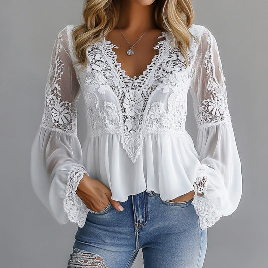 Ursime Lace Floral Hollow Out V Neck Lantern Sleeve Blouse