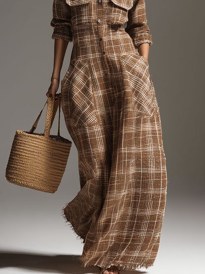 Retro Plaid Shirt Collar Patch Pocket Maxi Dress