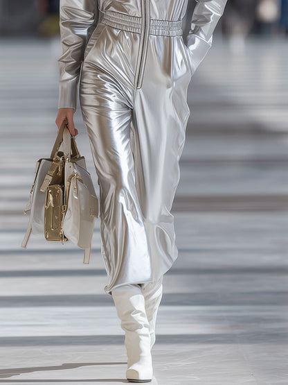 Casual Fashion Silver Faux Leather Long Sleeve Hooded Elastic Waist Jumpsuit