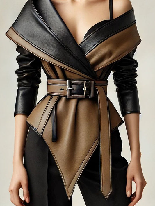 Ursime PU Leather Two Tone Irregular Hem Belt Jacket