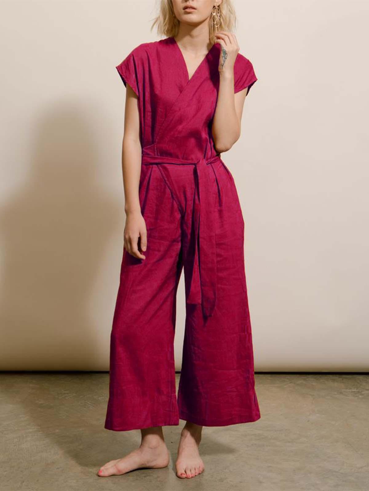 Vintage Wide Leg Linen Wrap Jumpsuit