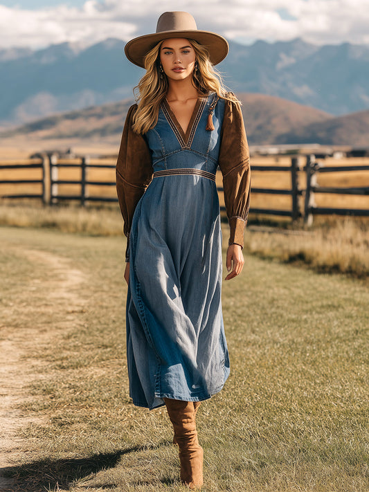 Vintage Western Blue Denim Brown Faux Suede Long Sleeve Maxi Dress