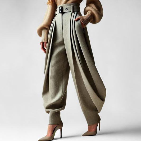 Fashion High Waist Belted Pleated Slant Pocket Balloon Pants