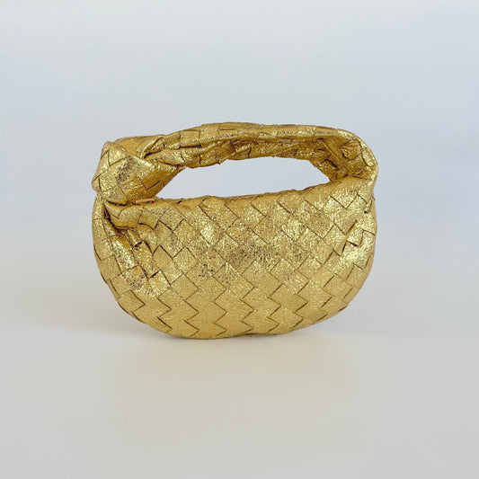 Bottega Veneta Metallic Gold Intrecciato Leather Mini BV Jodie Bag