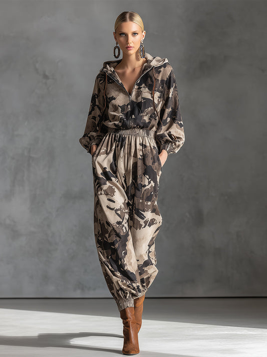 Casual Cool Camouflage Print Hooded Long-sleeved Wide-leg Jumpsuit