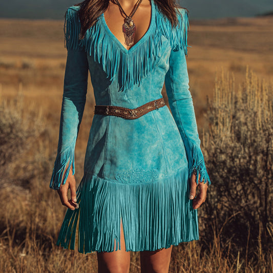 Ursime Western Suede Fringe V Neck Long Sleeve Mini Dress