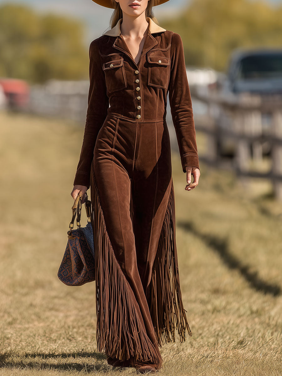 Western Retro Cocoa Brown Suede Long Sleeve Wide Leg Tassel Jumpsuit