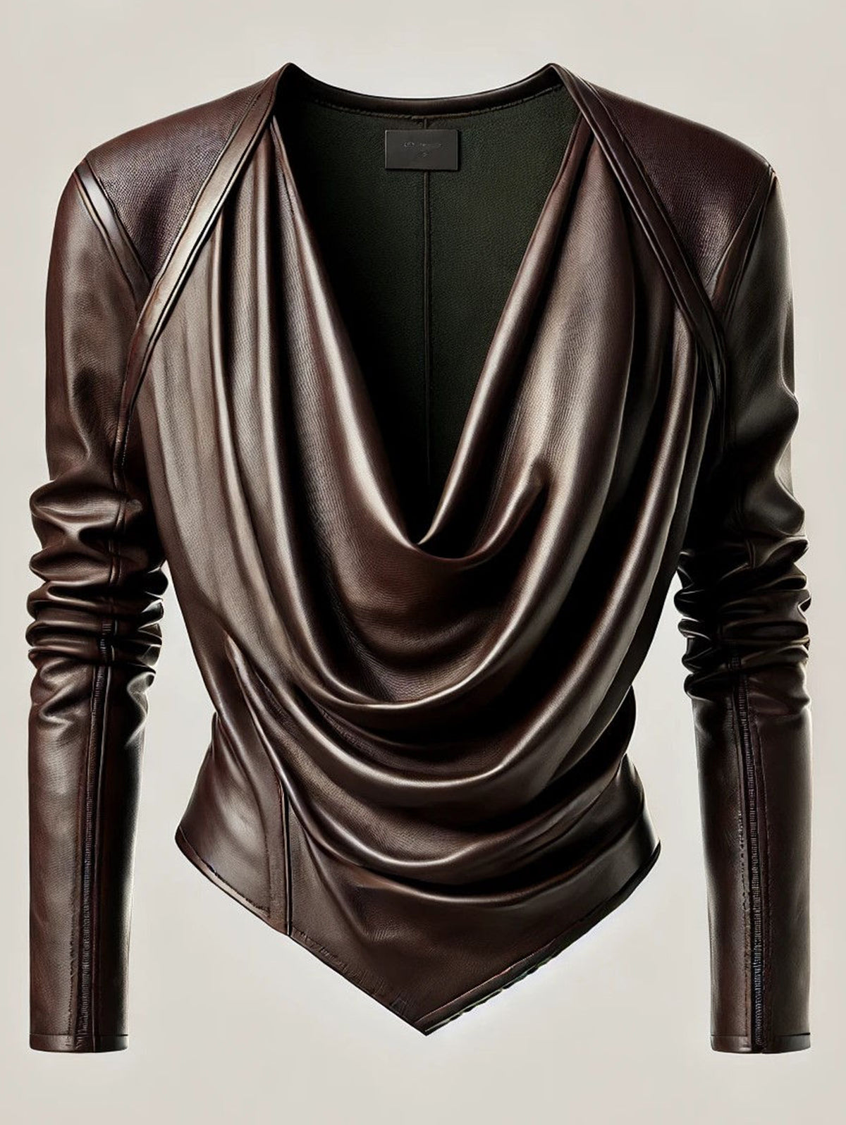 Ursime Cowl V Neck PU Leather Long Sleeve Blouse