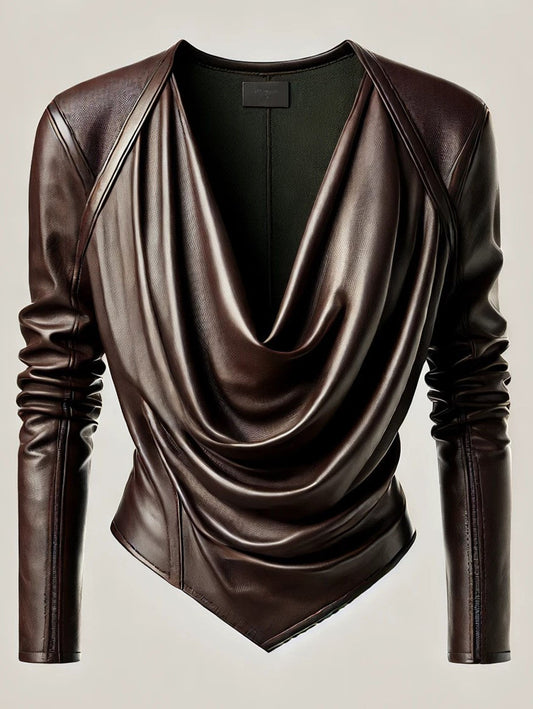 Ursime Cowl V Neck PU Leather Long Sleeve Blouse