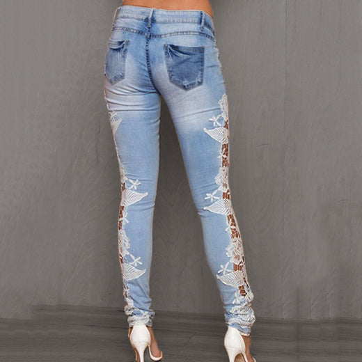 Casual Denim Patchwork Hollow Lace Floral Skinny Jeans