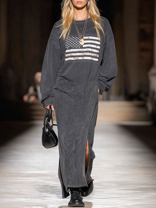 Casual Retro American Flag Print Dark Gray Long Sleeve Slit Sports Maxi Dress