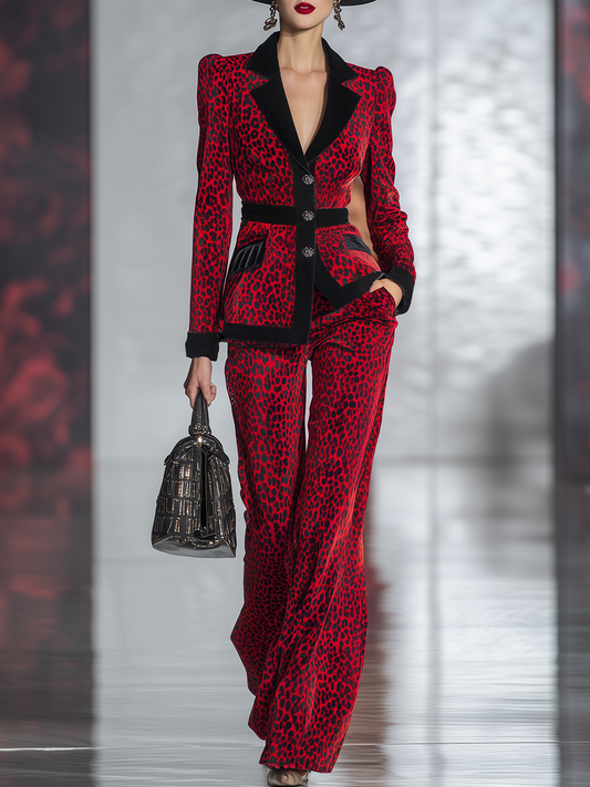 Vintage Red Leopard Print Black Contrast Trim Velvet Suit