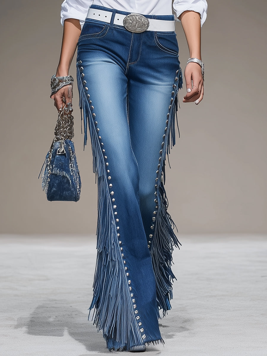 Western Blue Denim Side Tassel Rivet Flared Pants