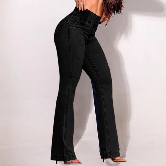 Casual Elastic High Waist Button Flare Leg Denim Jeans