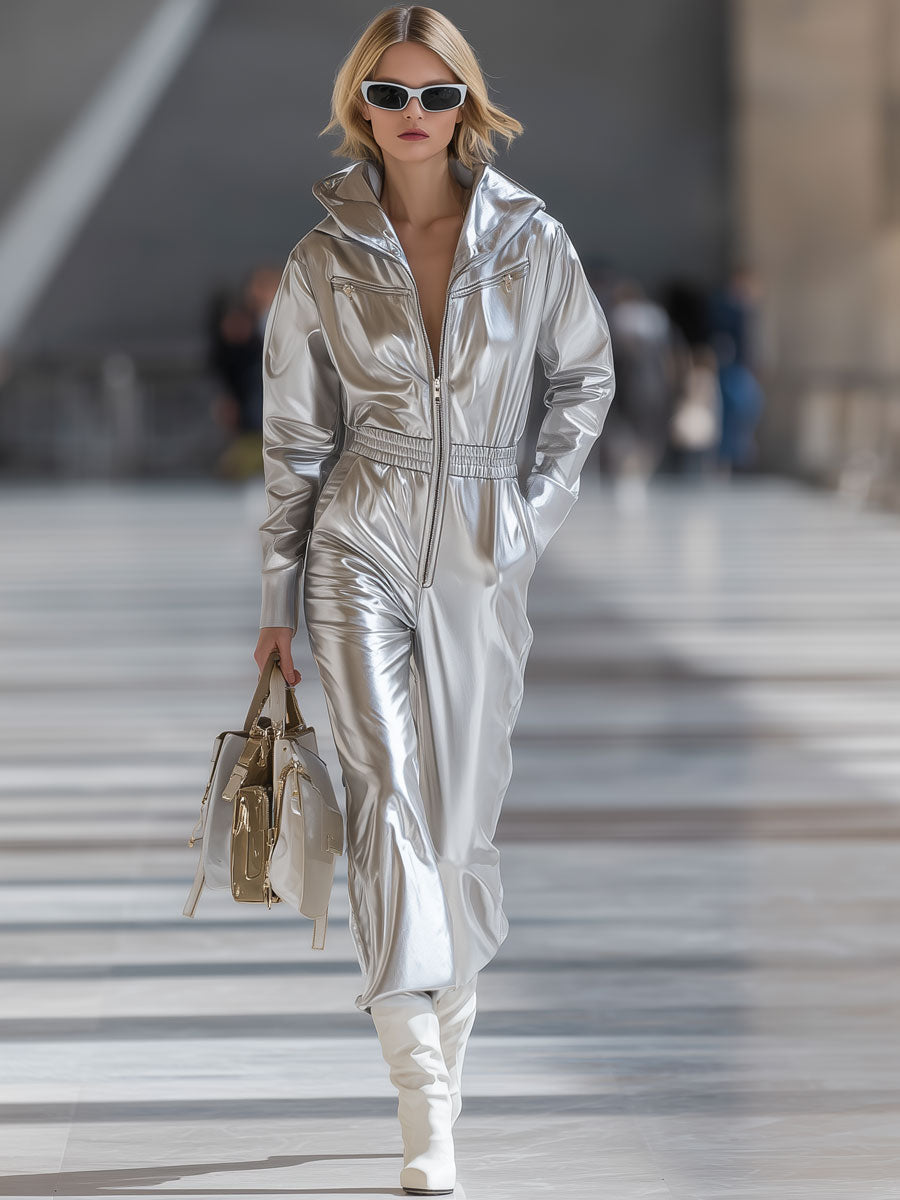 Casual Fashion Silver Faux Leather Long Sleeve Hooded Elastic Waist Jumpsuit