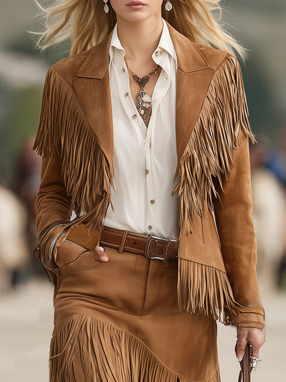 Retro Western Brown Tassel Jacket And Tassel Skirt Set