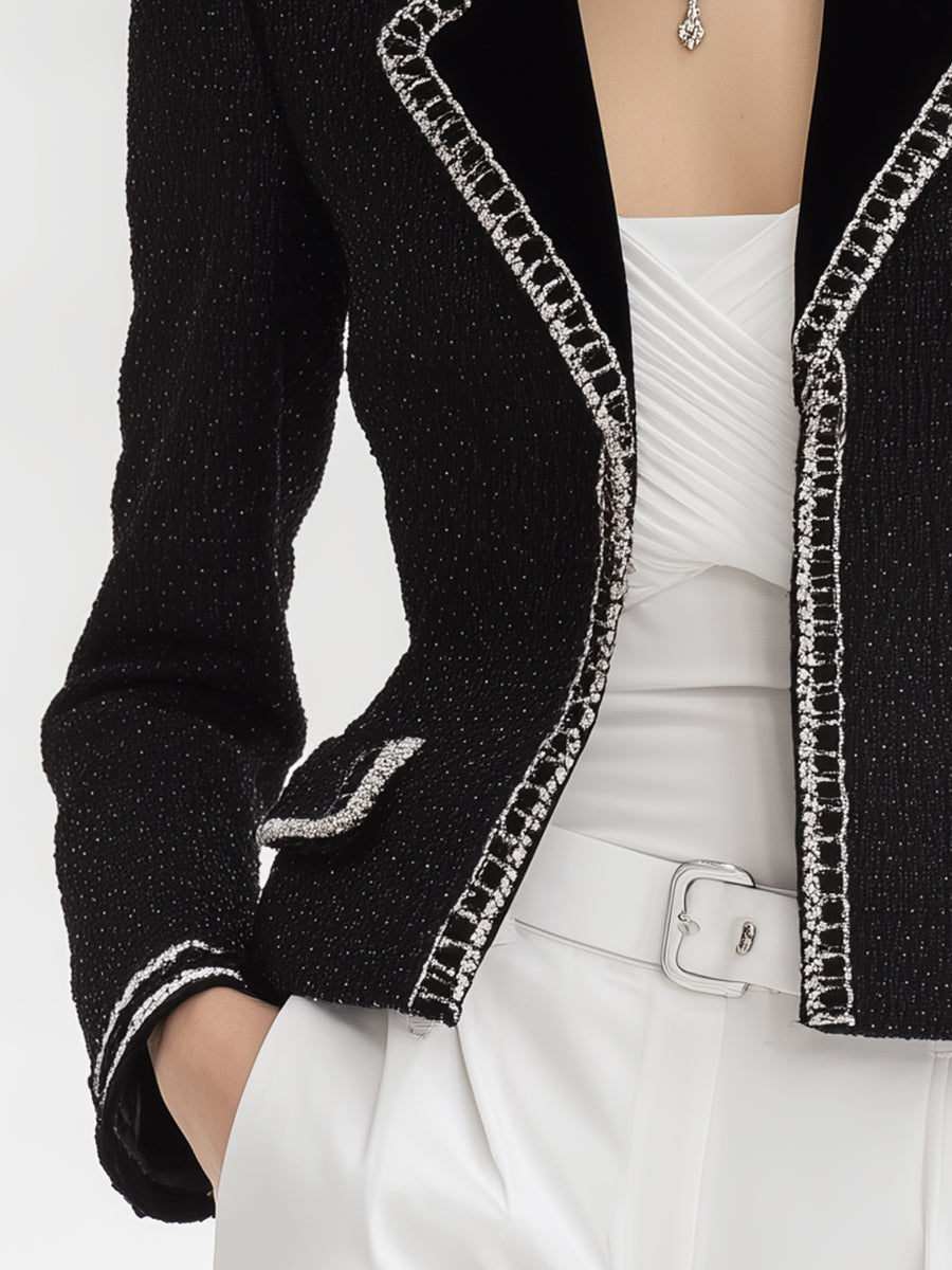 Black Tweed Blazer With Silver Webbing