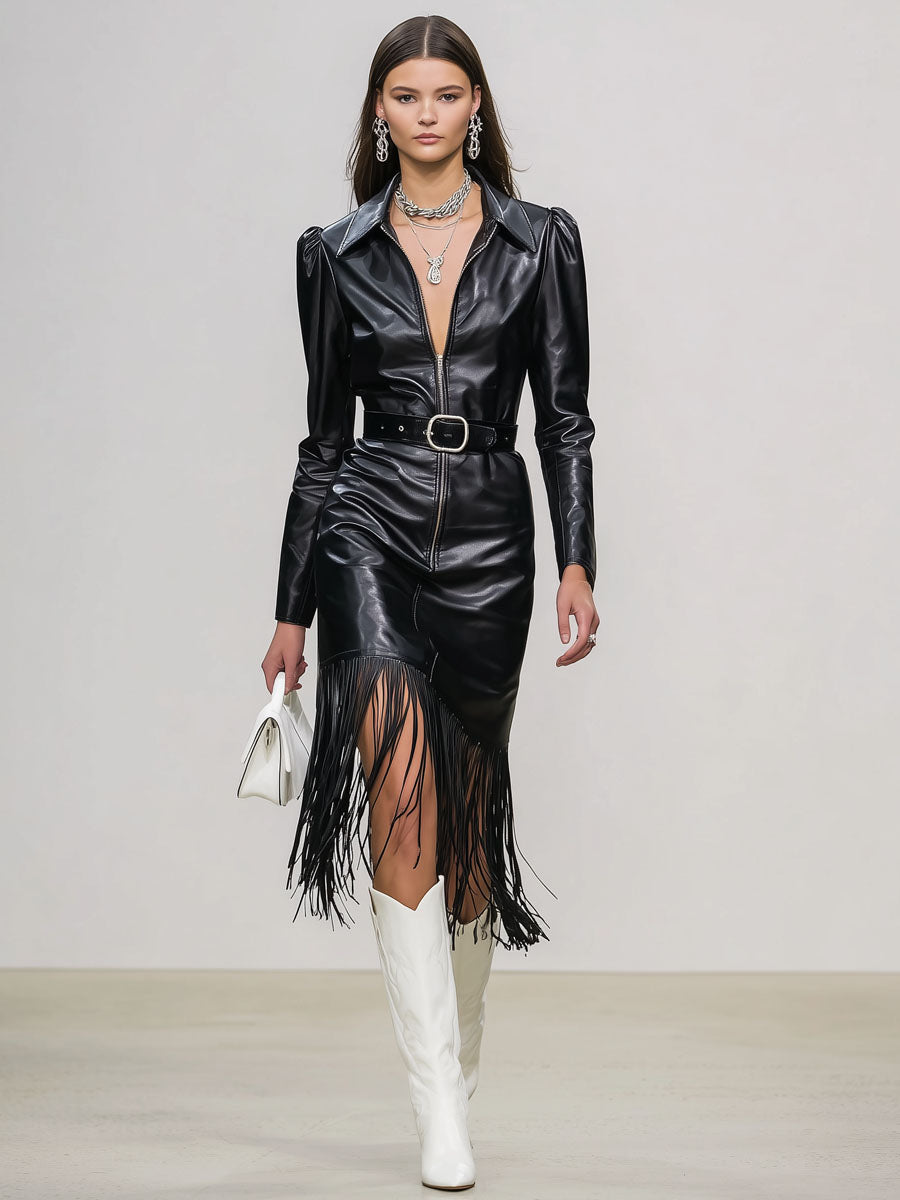 Black Faux Leather Long Zipper Tassel Long Sleeve Midi Dress