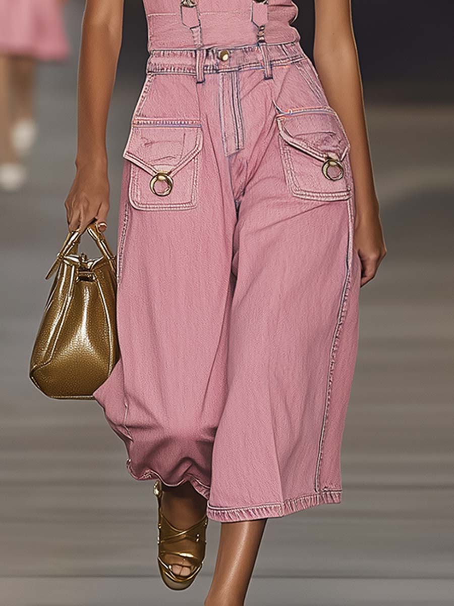 【24-hour shipping out】Fashion Personality Loose Pink Suspender Denim Jumpsuit Overalls