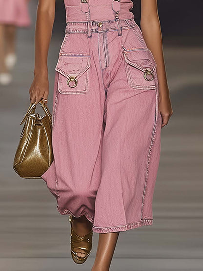 【24-hour shipping out】Fashion Personality Loose Pink Suspender Denim Jumpsuit Overalls