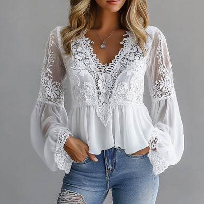 Ursime Lace Floral Hollow Out V Neck Lantern Sleeve Blouse
