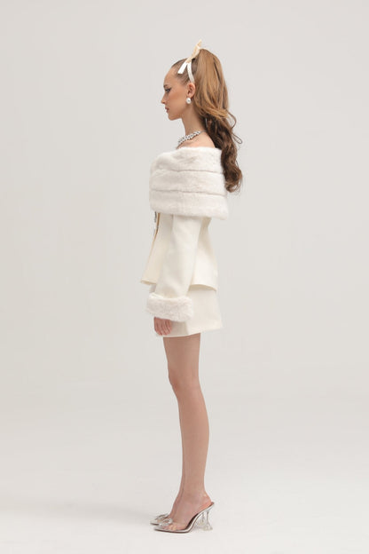 Caitlin white faux-fur jacket & skirt matching set