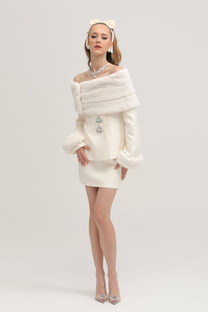 Caitlin white faux-fur jacket & skirt matching set