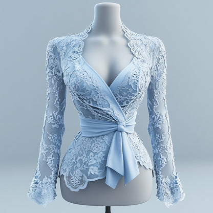 Ursime Lace Wrap V Neck Long Sleeve Irregular Hem Blouse