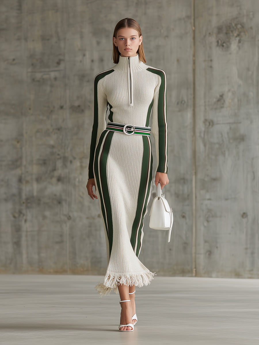 White And Green Contrast Zipper Tassel Maxi Dress