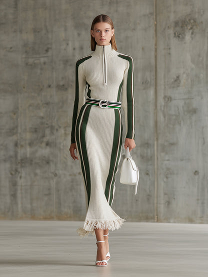 White And Green Contrast Zipper Tassel Maxi Dress