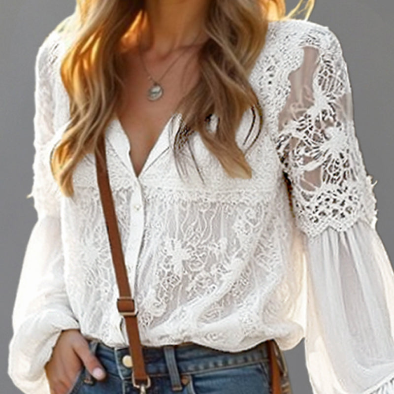 Casual V-neck Lantern Sleeve Lace Stitching Button Blouse
