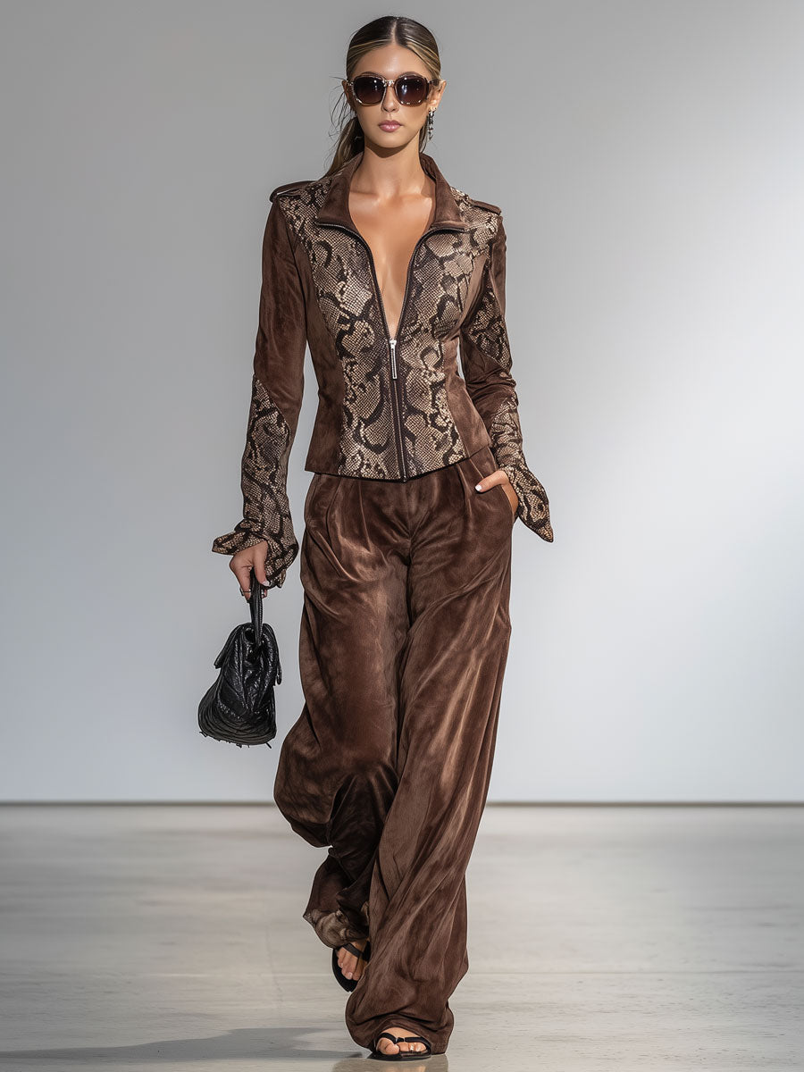 Vintage Snake Print Cocoa Brown Velvet Zip-Up Jacket And Trousers Set
