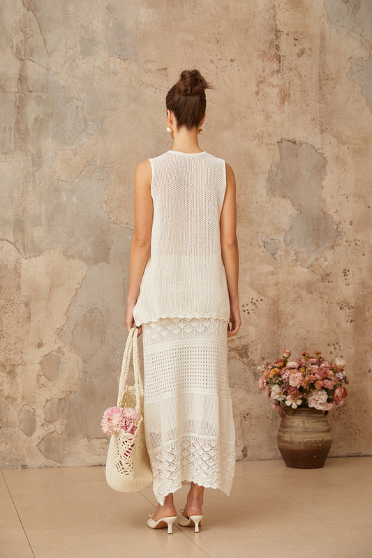 Irène White Cutout Crochet Knit Two-Piece Top and Skirt