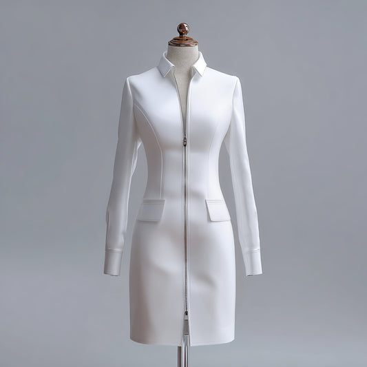 Ursime Shirt Collar Long Sleeve Two-Way Zipper PU Midi Dress