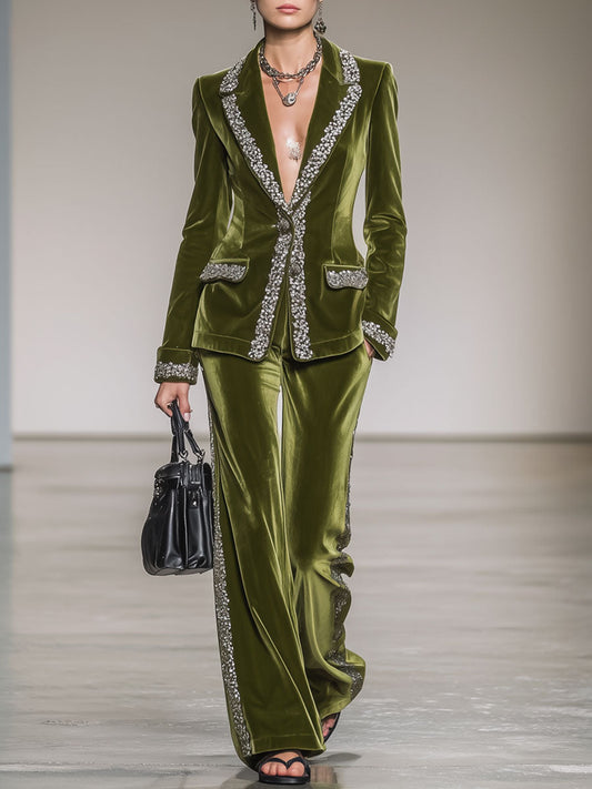Vintage Silver-Trimmed Moss Green Velvet Suit Jacket And Trousers Set