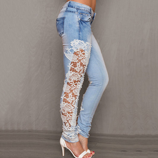 Casual Denim Patchwork Hollow Lace Floral Skinny Jeans