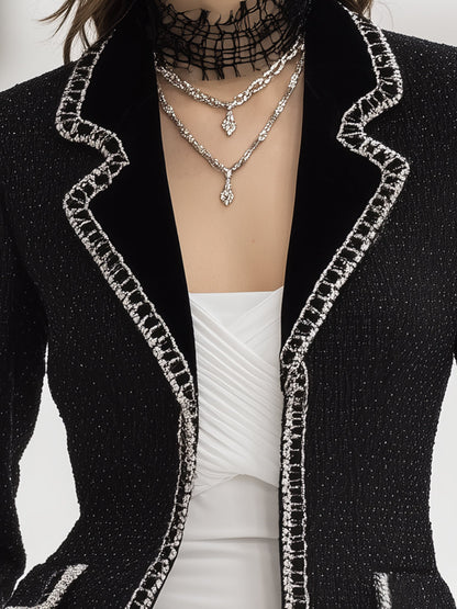 Black Tweed Blazer With Silver Webbing