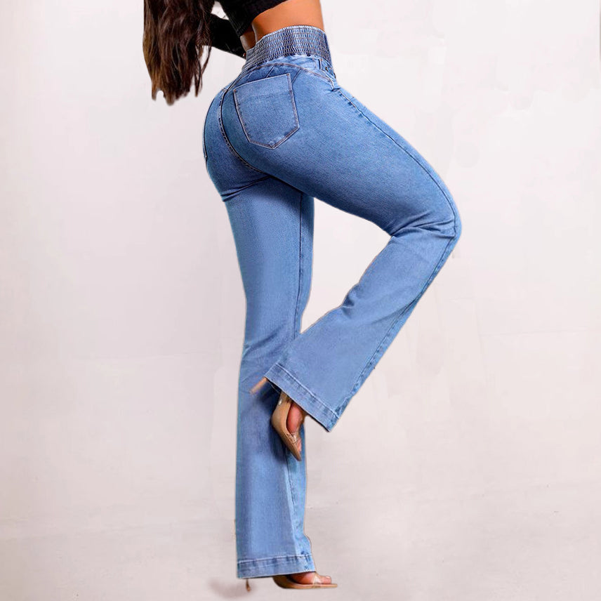 Casual Elastic High Waist Button Flare Leg Denim Jeans