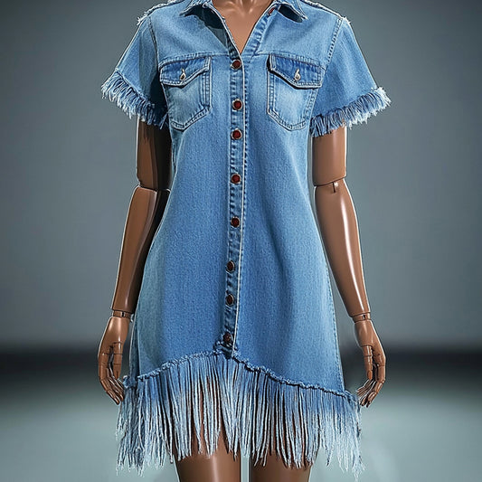 Ursime Denim Raw Edge Fringed Turndown Collar Button Mini Dress