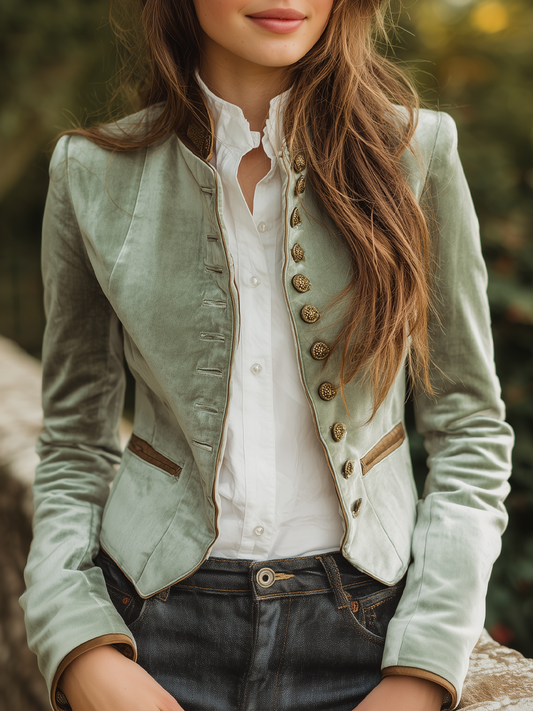 Vintage Stand-up Collar Contrast Trim Velvet Jacket