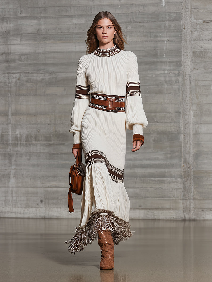 White And Brown Round Neck Hem Tassel Woolen Maxi Dress