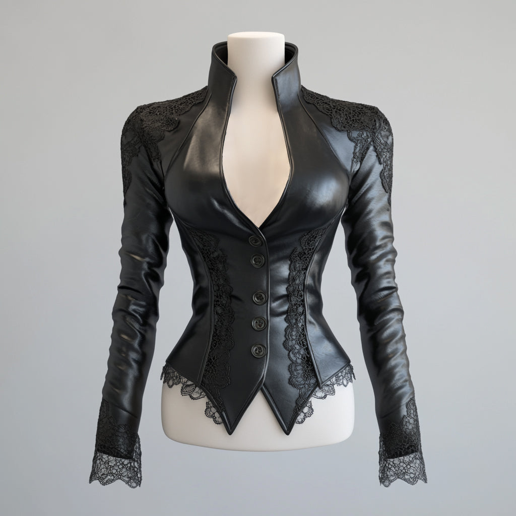 Ursime PU Leather Stand Collar Button Lace Trim Jacket