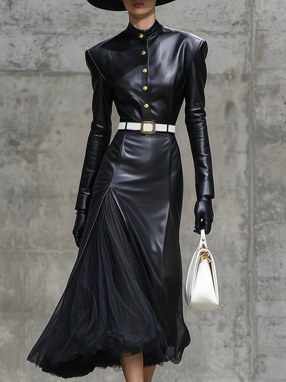 Black Faux Leather Button-stitched Organza Midi Dress